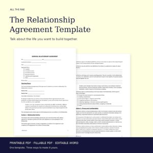 The Relationship Agreement Template in butter yellow and navy, including printable PDF, fillable PDF and editable Word formats.